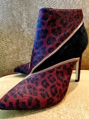 RENVY Darra Ox Blood Maroon Black Leopard Print Bootie Heeled Boot Sexy Runway
